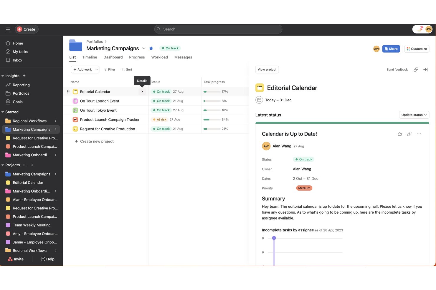 Asana screenshot - 10 Mejores Alternativas a Microsoft Project en 2026