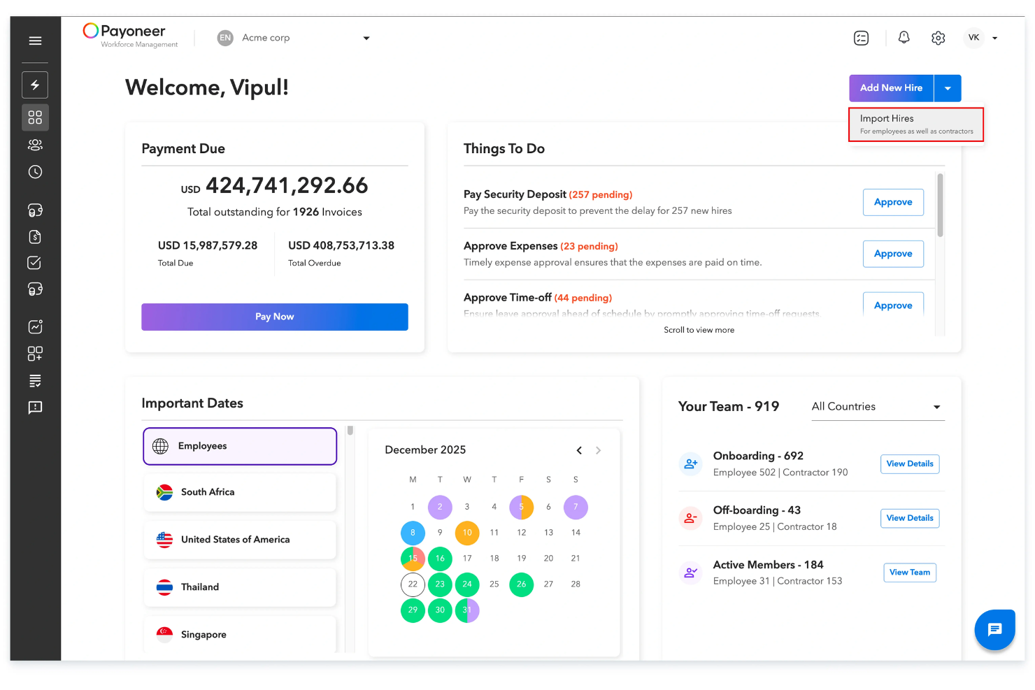 Payoneer Workforce Management screenshot - Die 10 besten Arbeitgeber of Record Kanada 2026