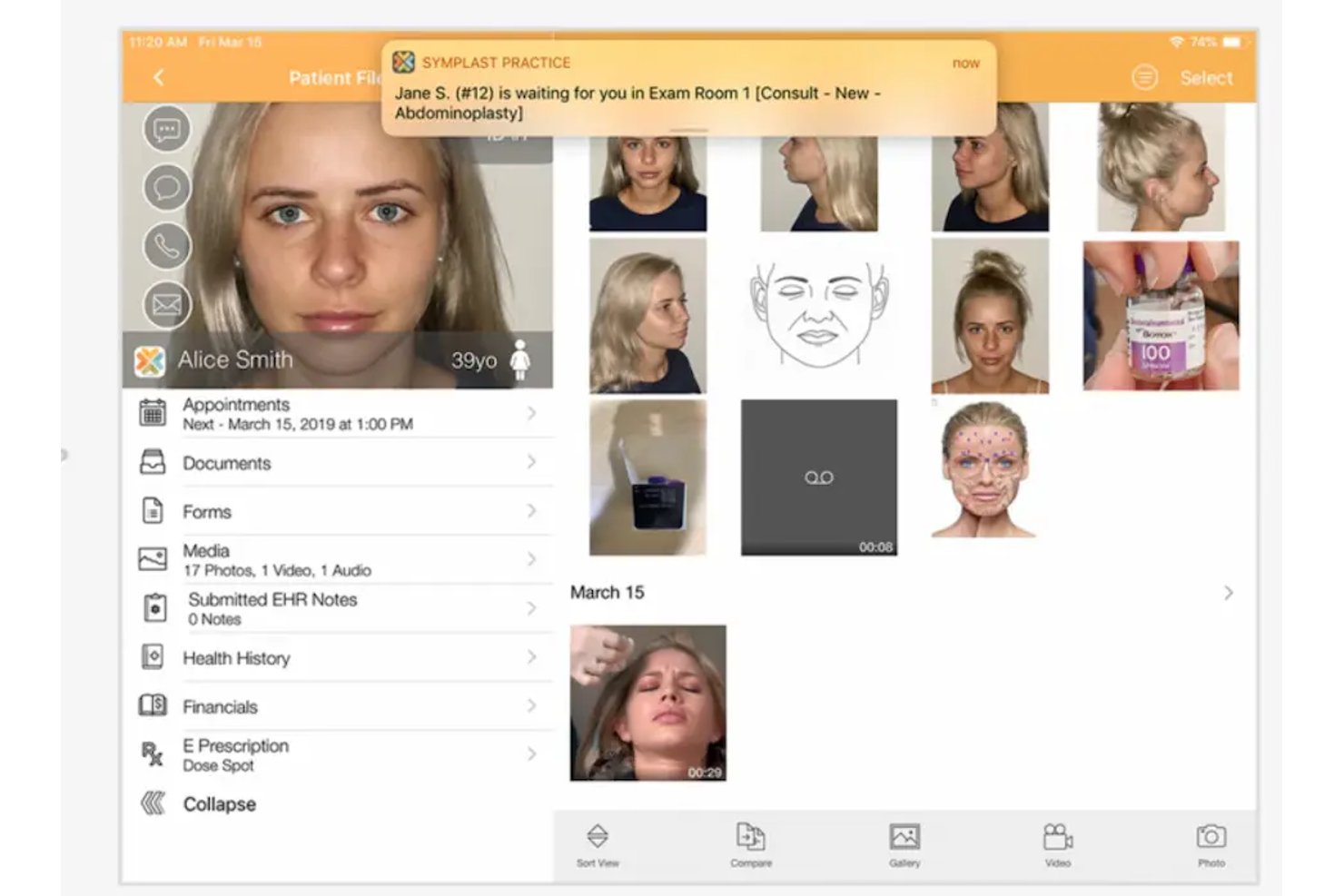 Scherm van het patiëntprofiel van Symplast met foto's, afspraken en mediagalerij op een tablet.