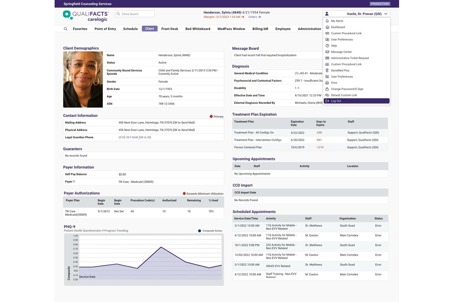 Qualifacts CareLogic client profile dashboard showing demographics, diagnosis, treatment plan expiration, and scheduled appointments.