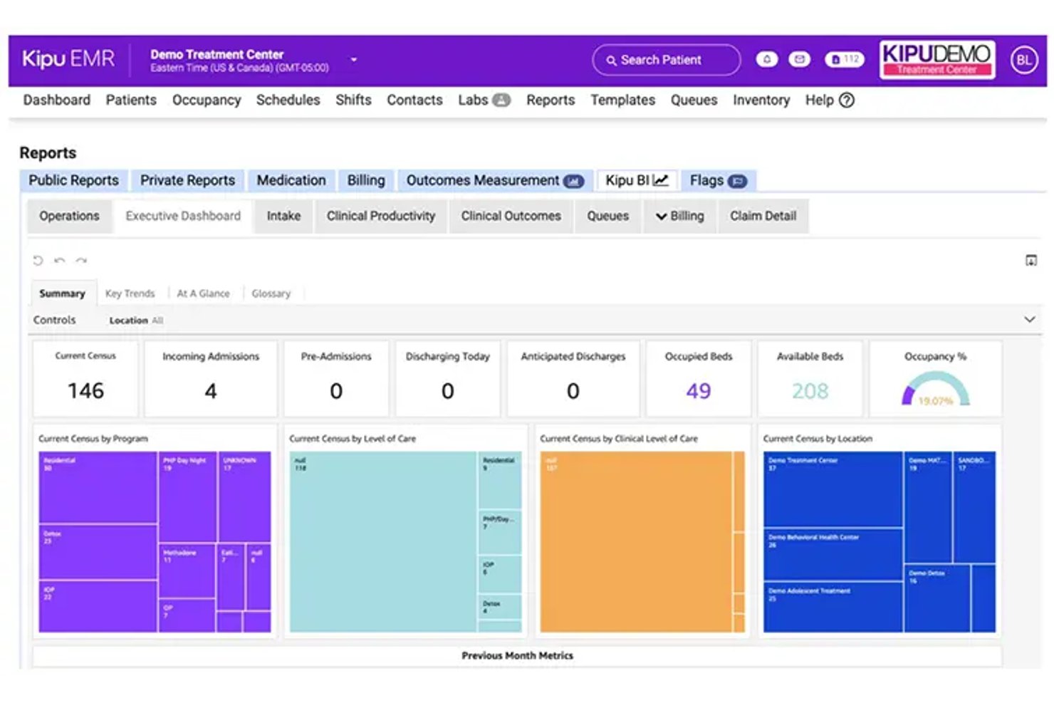 Kipu EMR executive dashboard showing census, occupancy, admissions, and program-level charts.