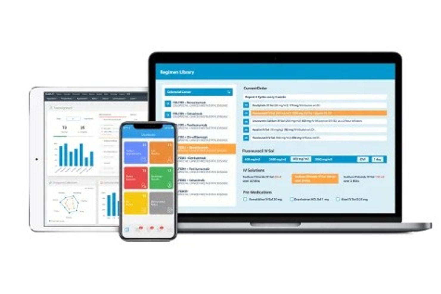 Oncentric EPD weergegeven op een tablet, telefoon en laptop, met de bibliotheek met regimes en ordergegevens.