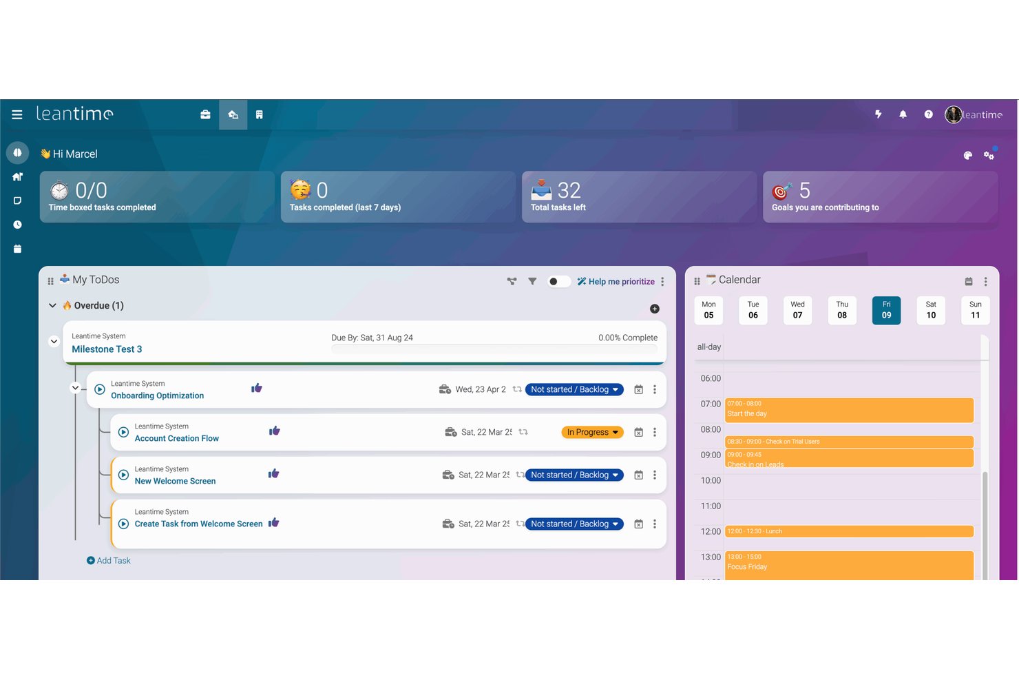 Leantime-dashboard met de lijst Mijn taken, taakstatussen en een wekelijkse kalender met geplande gebeurtenissen.