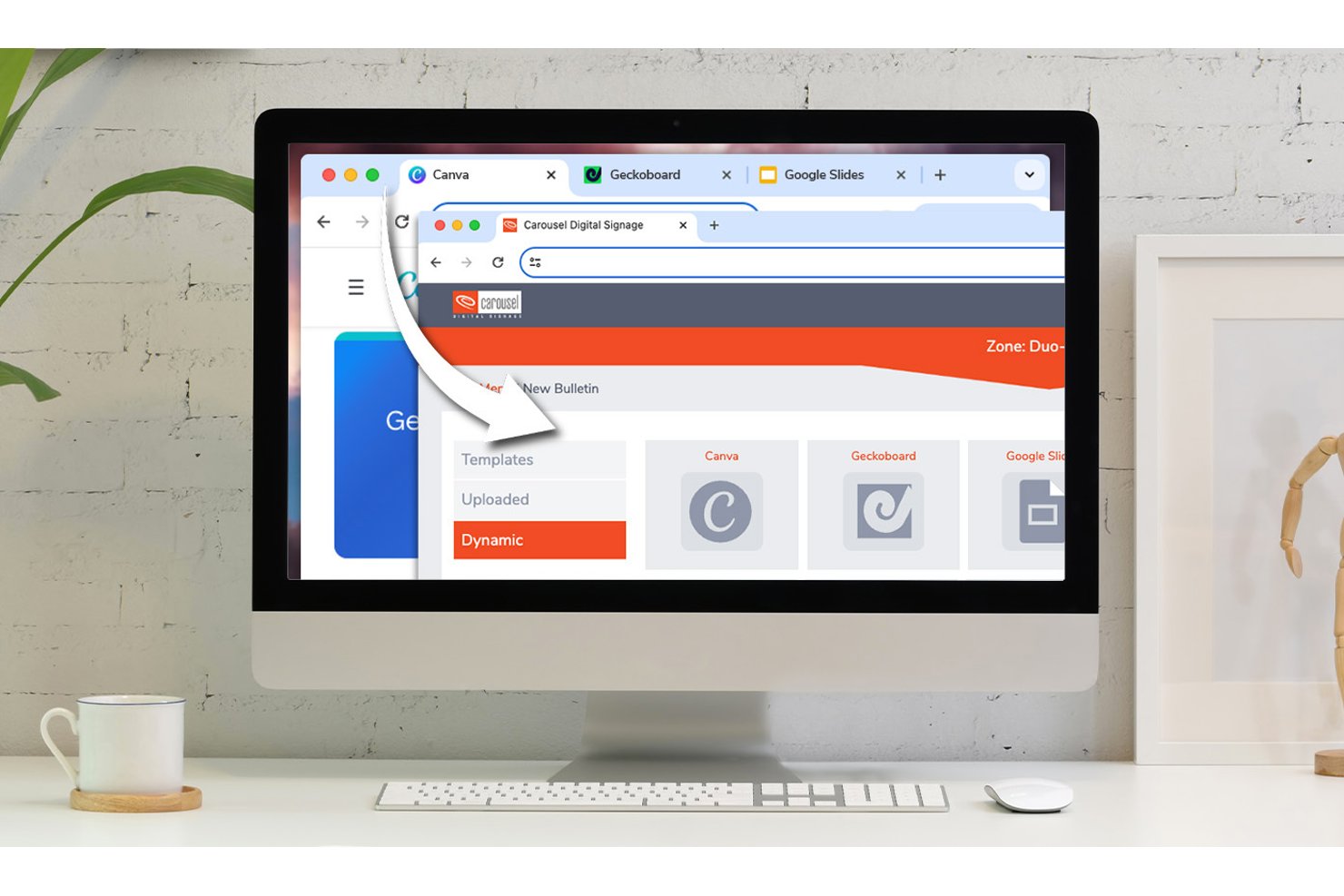 Koppelvlak van Carousel Digital Signage met opties voor dynamische inhoud, waaronder Canva, Geckoboard en Google Slides.
