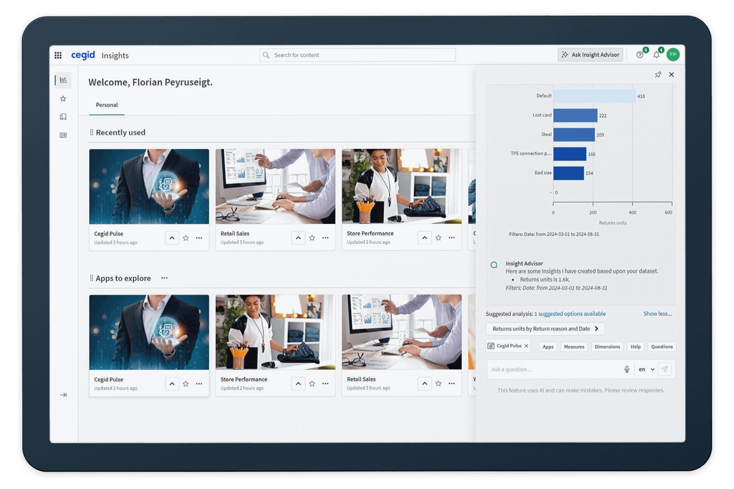 Cegid Insights-dashboard met een AI-paneel voor inzichtadvies, een staafdiagram van retouren en tegels van apps.