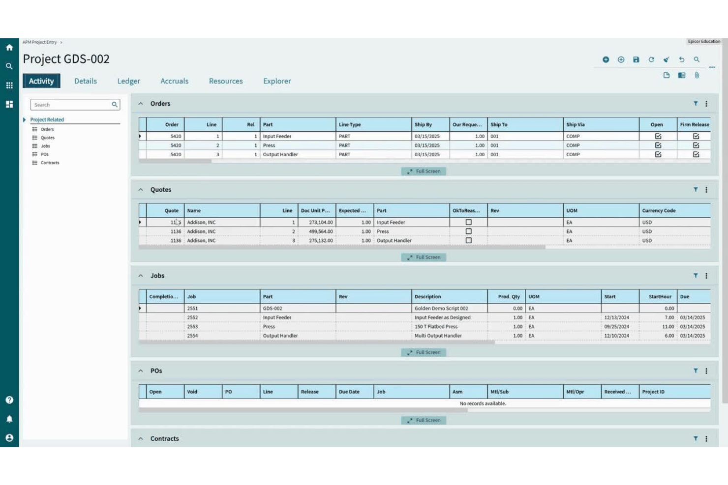 Epicors skärm för APM-projektregistrering som visar flikar för order, offerter, jobb och POs.