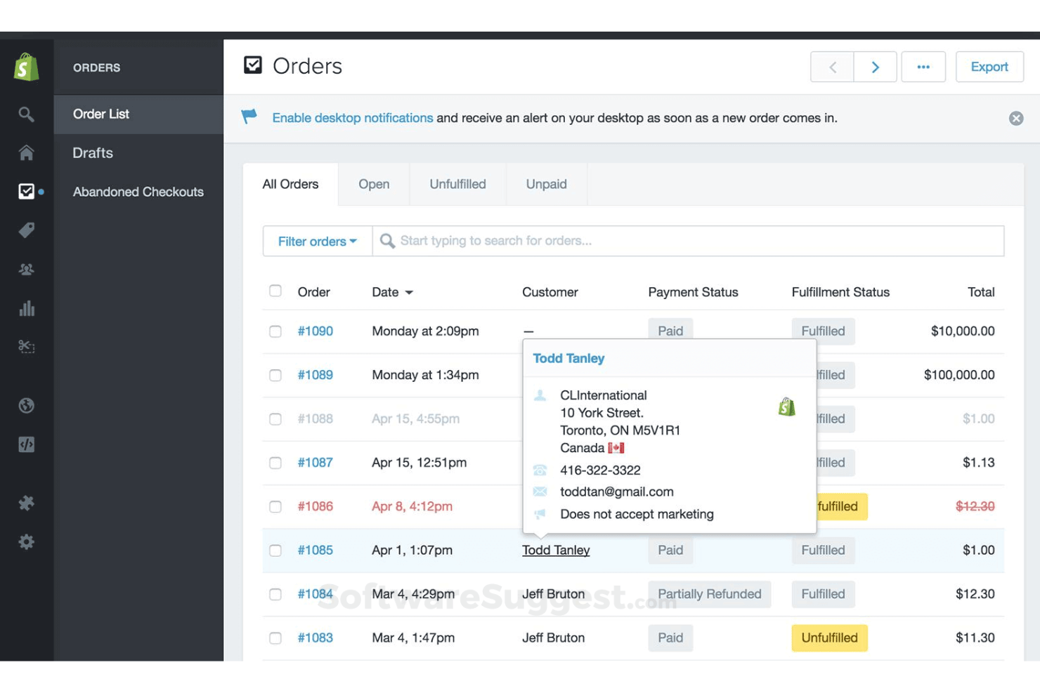 Shopify Orders-lista som visar ett popup-fönster med kunduppgifter, adress och kontaktinformation.