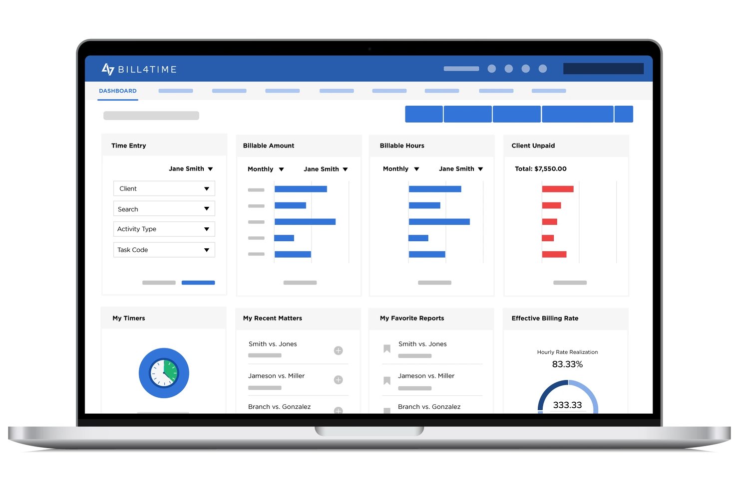 Bill4Time-dashboard met tijdregistratie, factureerbare uren, totale onbetaalde bedragen van cliënten en recente zaken.