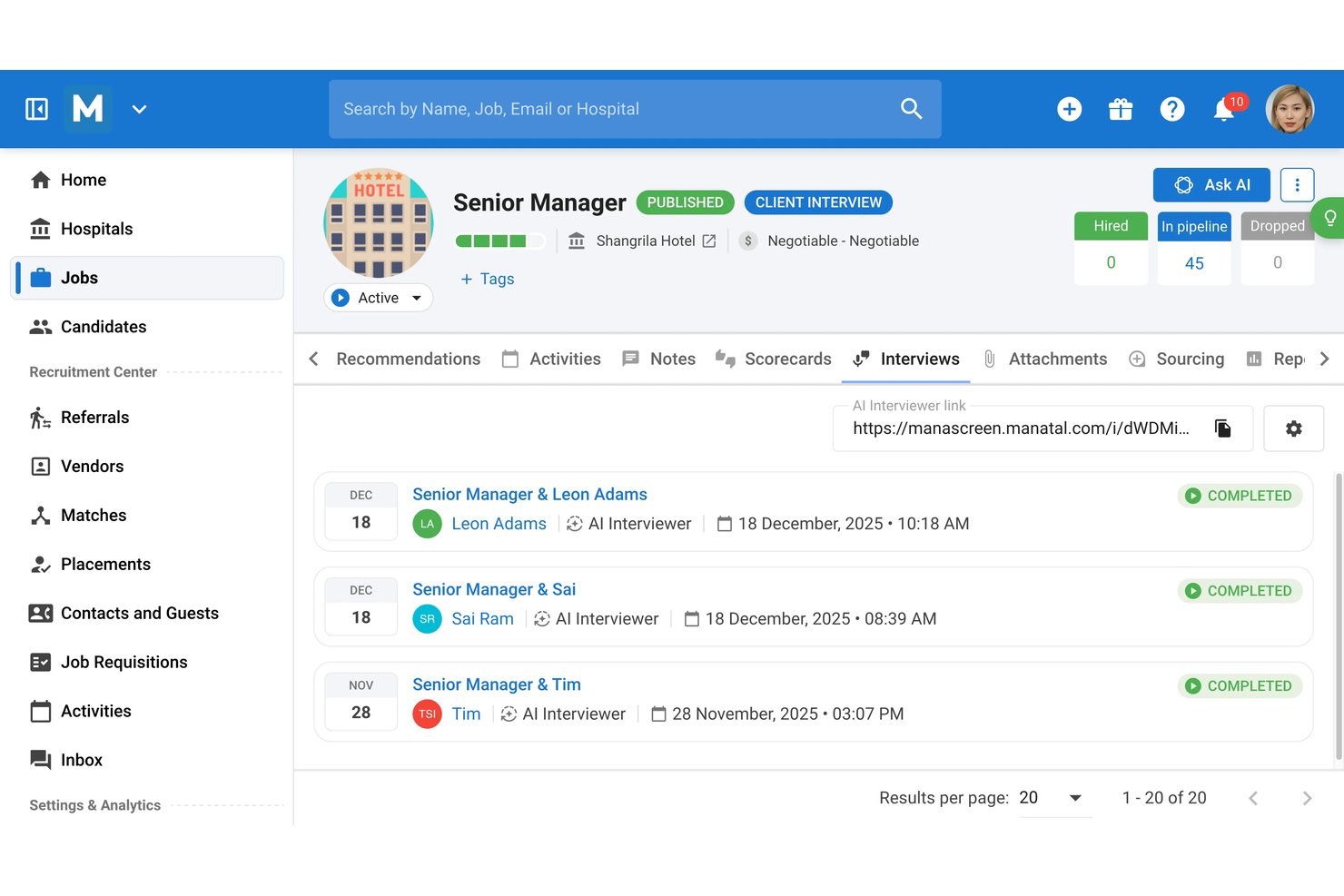 Manatal screenshot - Le 10 Migliori Soluzioni di Software per Colloqui con Intelligenza Artificiale Recensite nel 2026