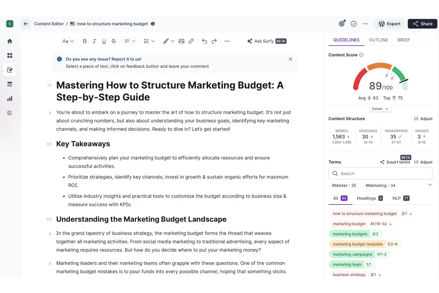 Surfer SEO screenshot - 10 meilleurs assistants rédactionnels IA en 2026
