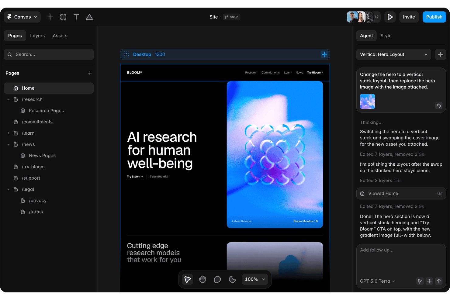 Canvaseditor van Framer waarin de AI-agent een introductiesectie opnieuw ontwerpt met een verticale stapellay-out