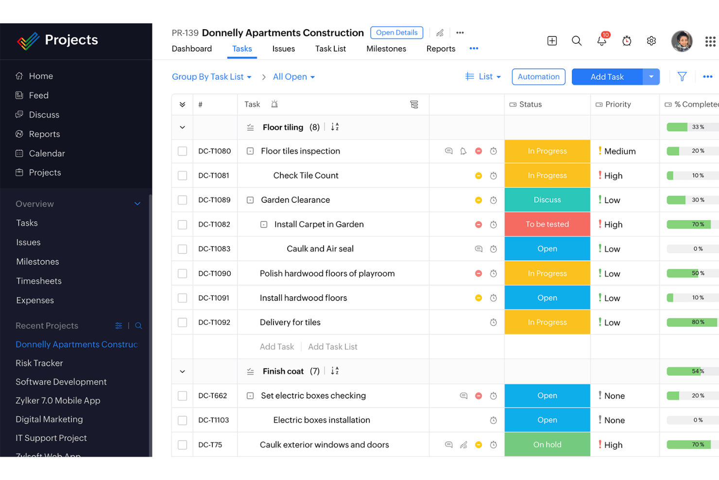 Zoho Projects screenshot - 10 meilleures alternatives à Orangescrum en 2026