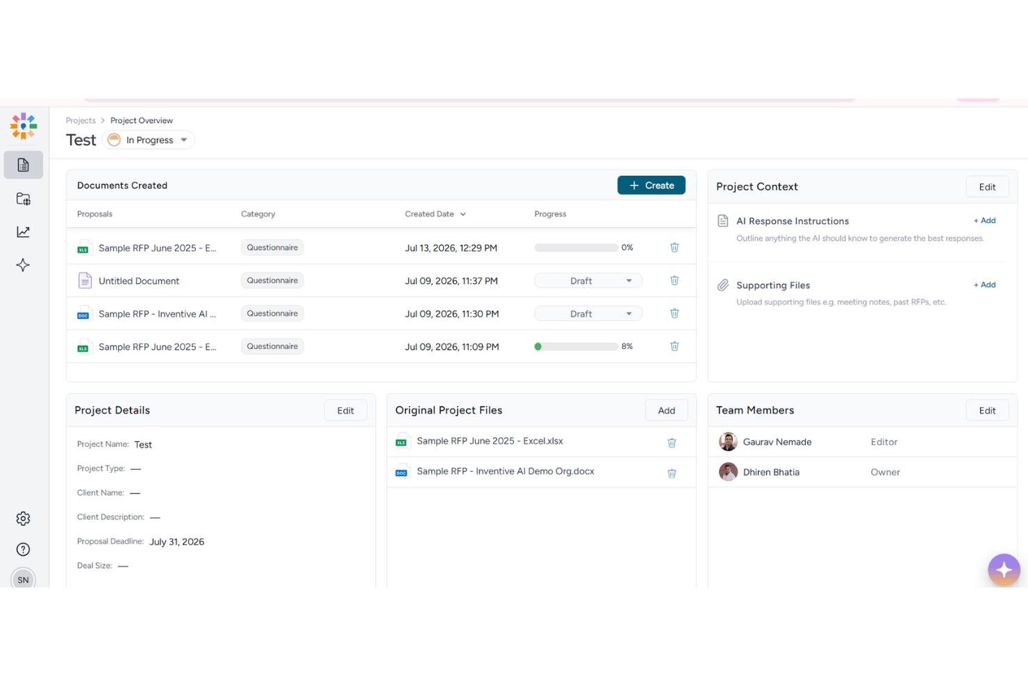 Dashboard met projectoverzicht van Inventive AI waarop documenten, projectdetails en teamleden worden weergegeven.