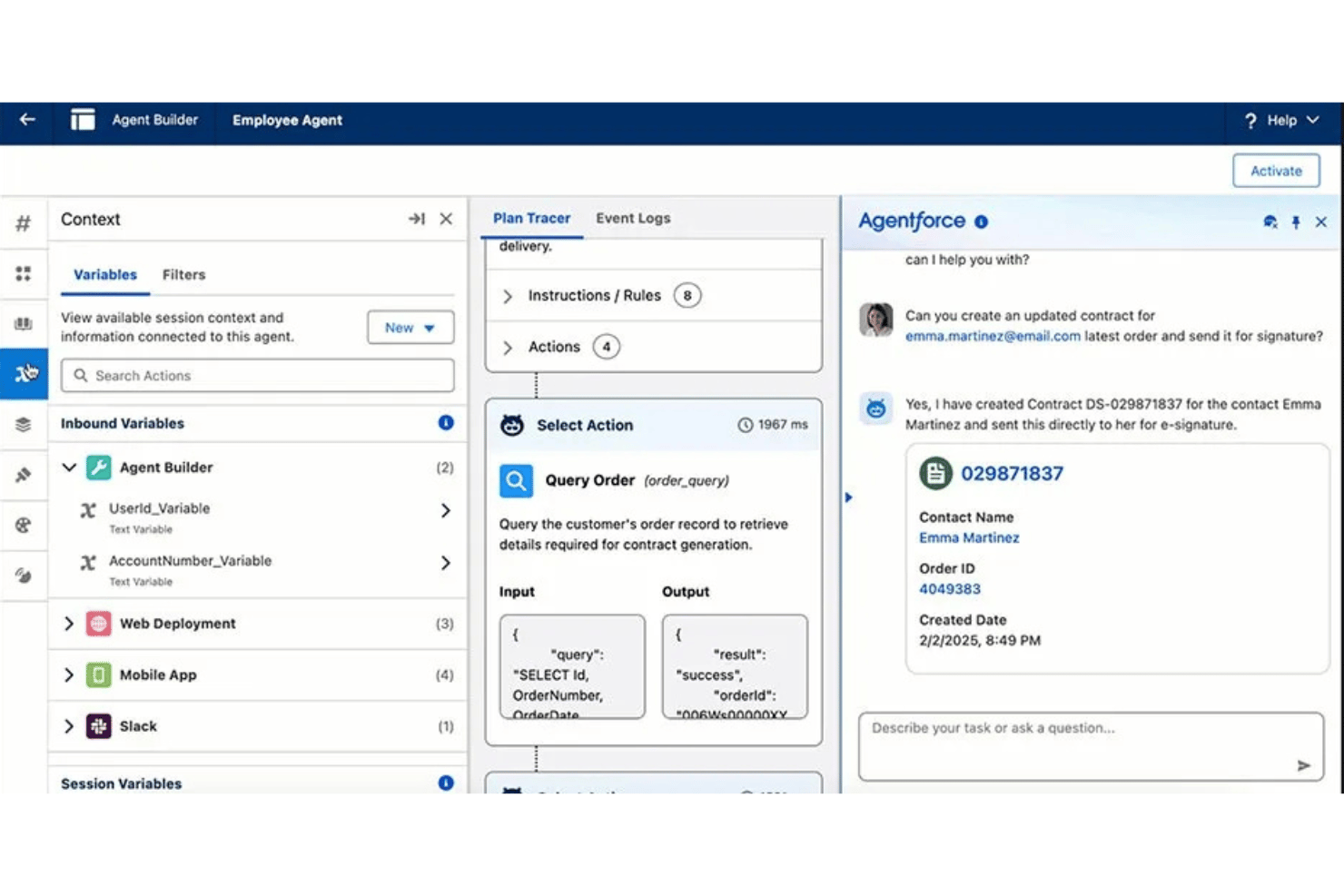Salesforce Agentforce Agent Builder met workflow voor het maken van AI-contracten en het opvragen van bestellingen