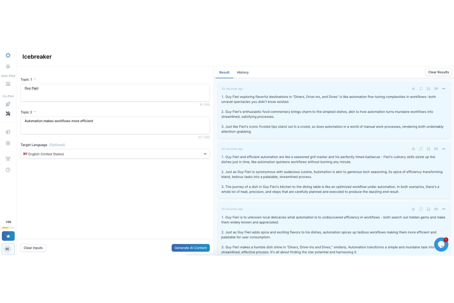 De Regie.ai-gespreksopener-tool genereert AI-content die Guy Fieri en automatiseringswerkstromen met elkaar verbindt.