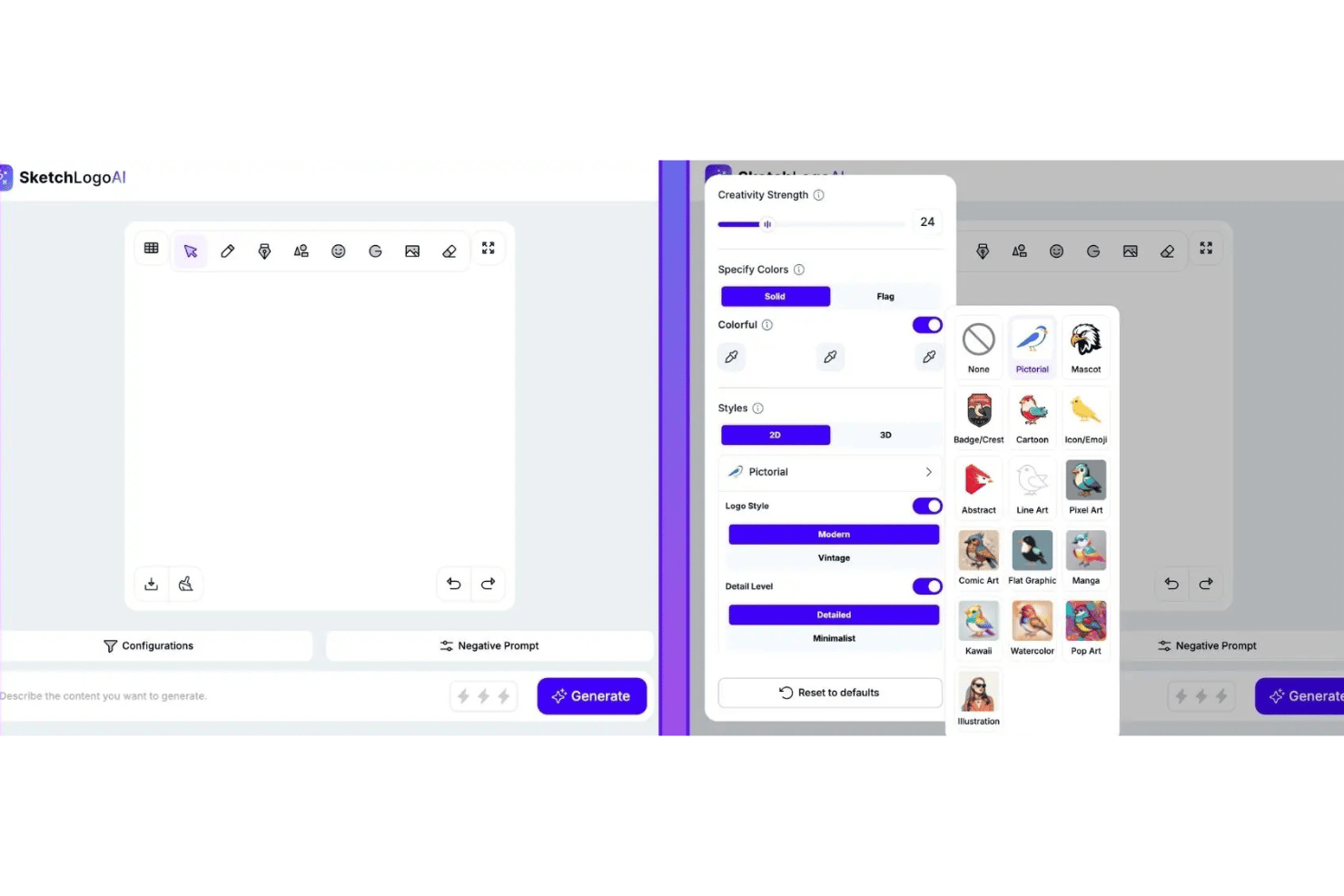 De interface van Sketch Logo AI met opties voor logostijl, een schuifregelaar voor creativiteitsniveau en stijlvoorinstellingen.