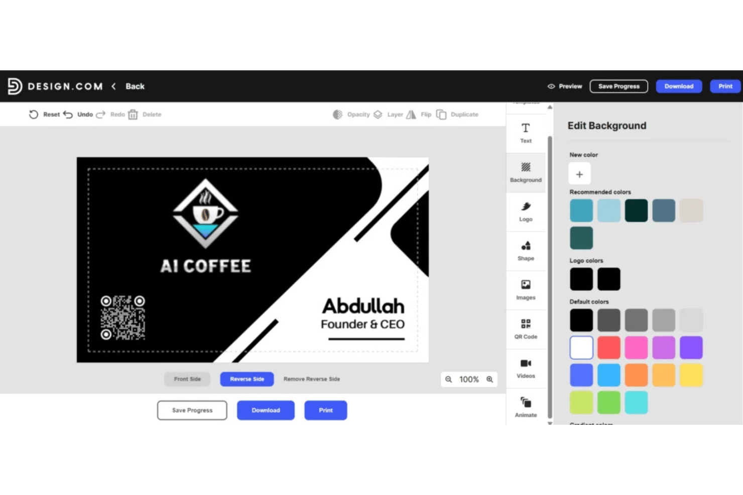 Bewerkingsprogramma voor visitekaartjes van Design.com met de AI Coffee-kaart en geopend kleurenpaneel.