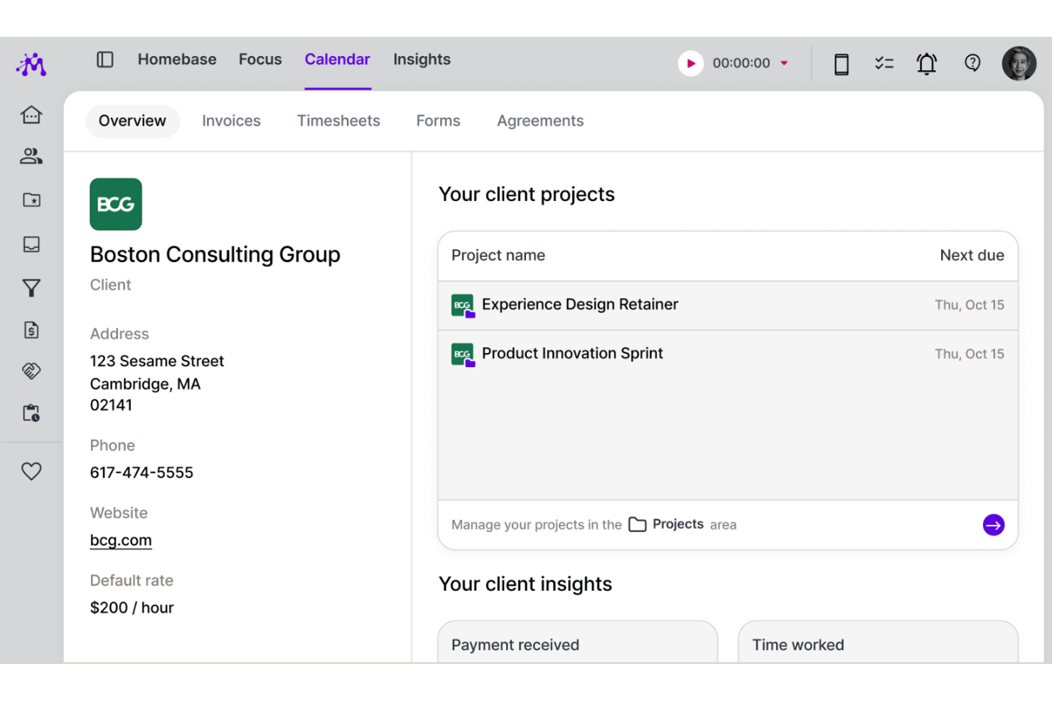 Moxie-klantprofielpagina met gegevens van Boston Consulting Group en twee actieve projecten