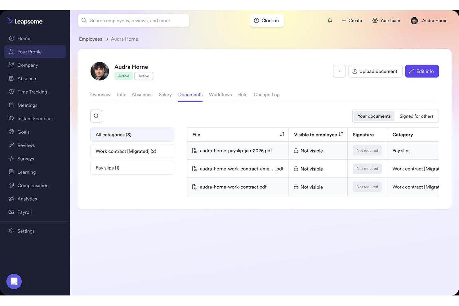 Leapsome employee profile documents tab showing pay slips and work contracts list.