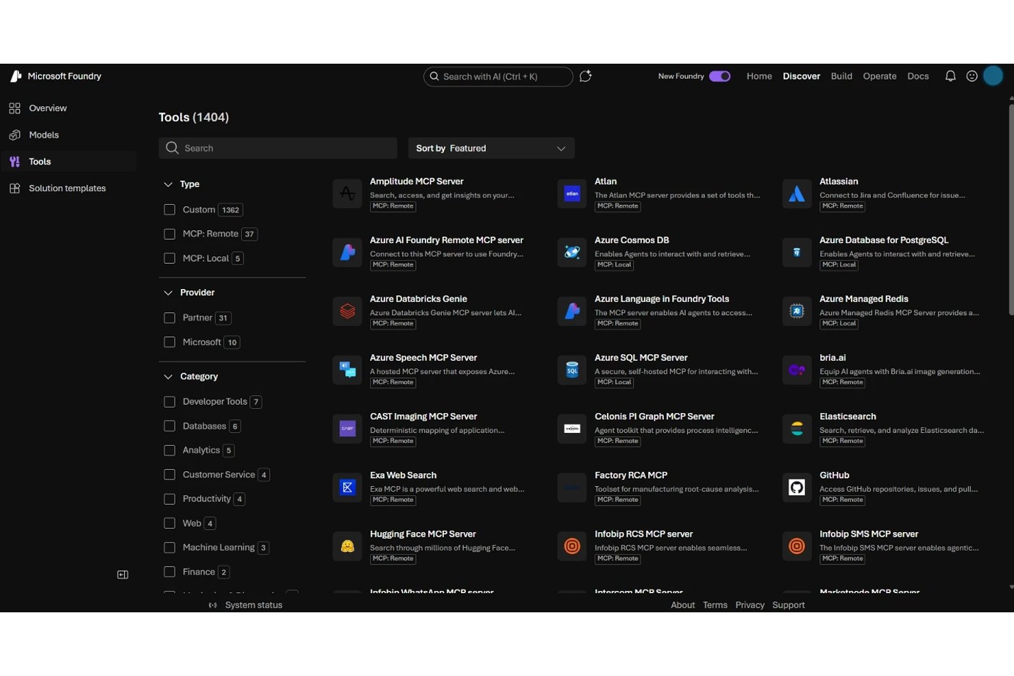 Microsoft Foundry-toolcatalogus met 1404 MCP-servertools, filters en rasterindeling.