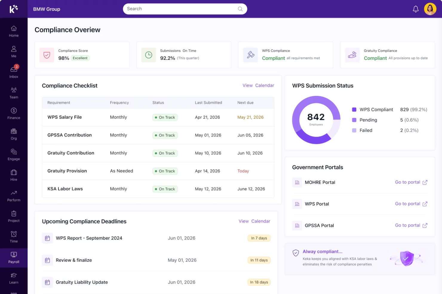 Keka HR screenshot - 10 meilleurs systèmes de conformité RH pour les petites entreprises en 2026