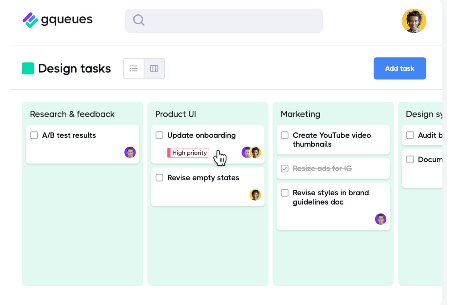 GQueues board view showing Design tasks grouped into four columns with task cards.