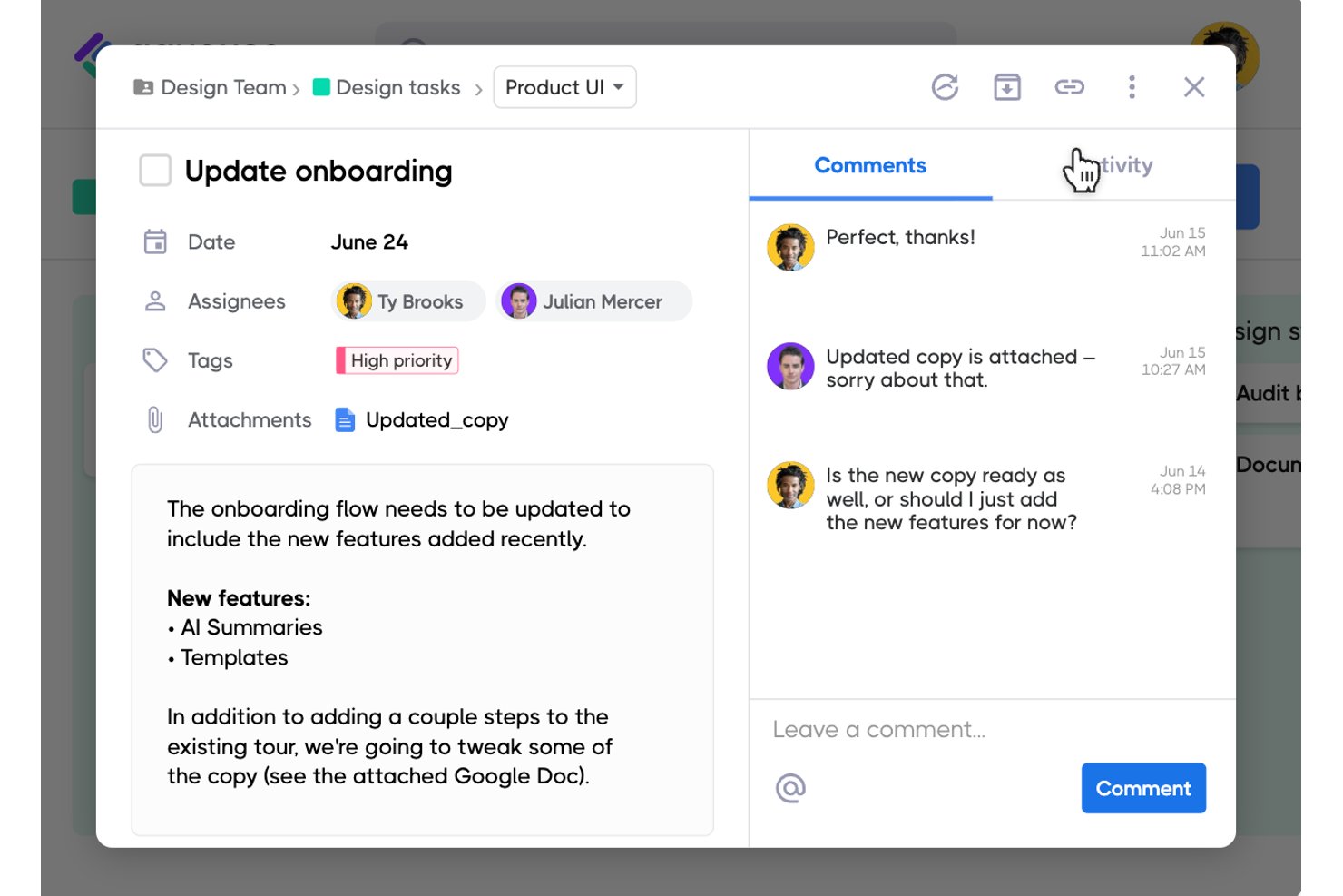 Task detail modal showing assignees, tags, attachments, and threaded comments panel.