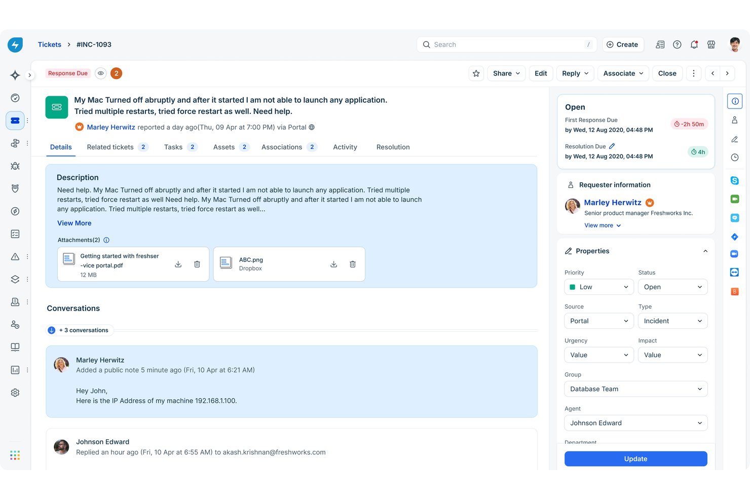 Vista detallada de un ticket de incidente de Freshservice que muestra la descripción, las conversaciones y el panel de propiedades del ticket.