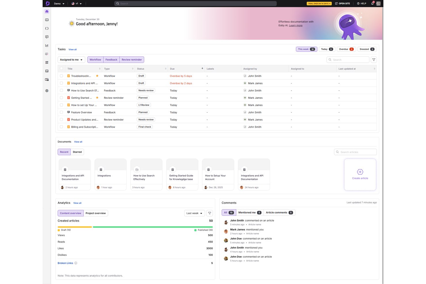 Startdashboard van Document360 met taken, recente documenten, analyses en een deelvenster voor opmerkingen.