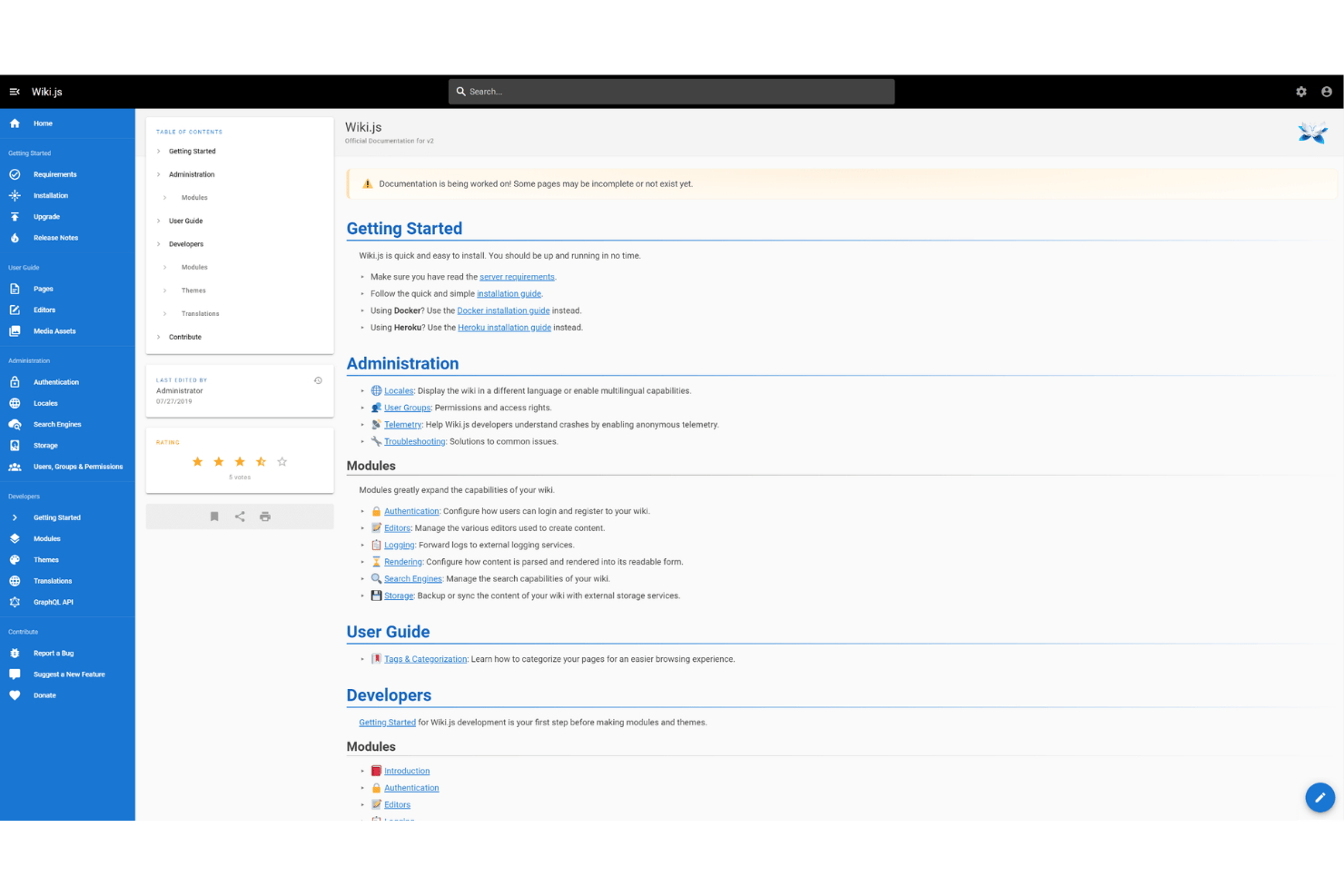 Wiki.js screenshot - Las 10 mejores alternativas a Slab en 2026