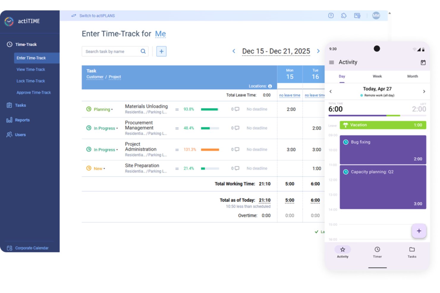 actiTIME screenshot - 10 Best Free Time Tracking Software Reviewed in 2026