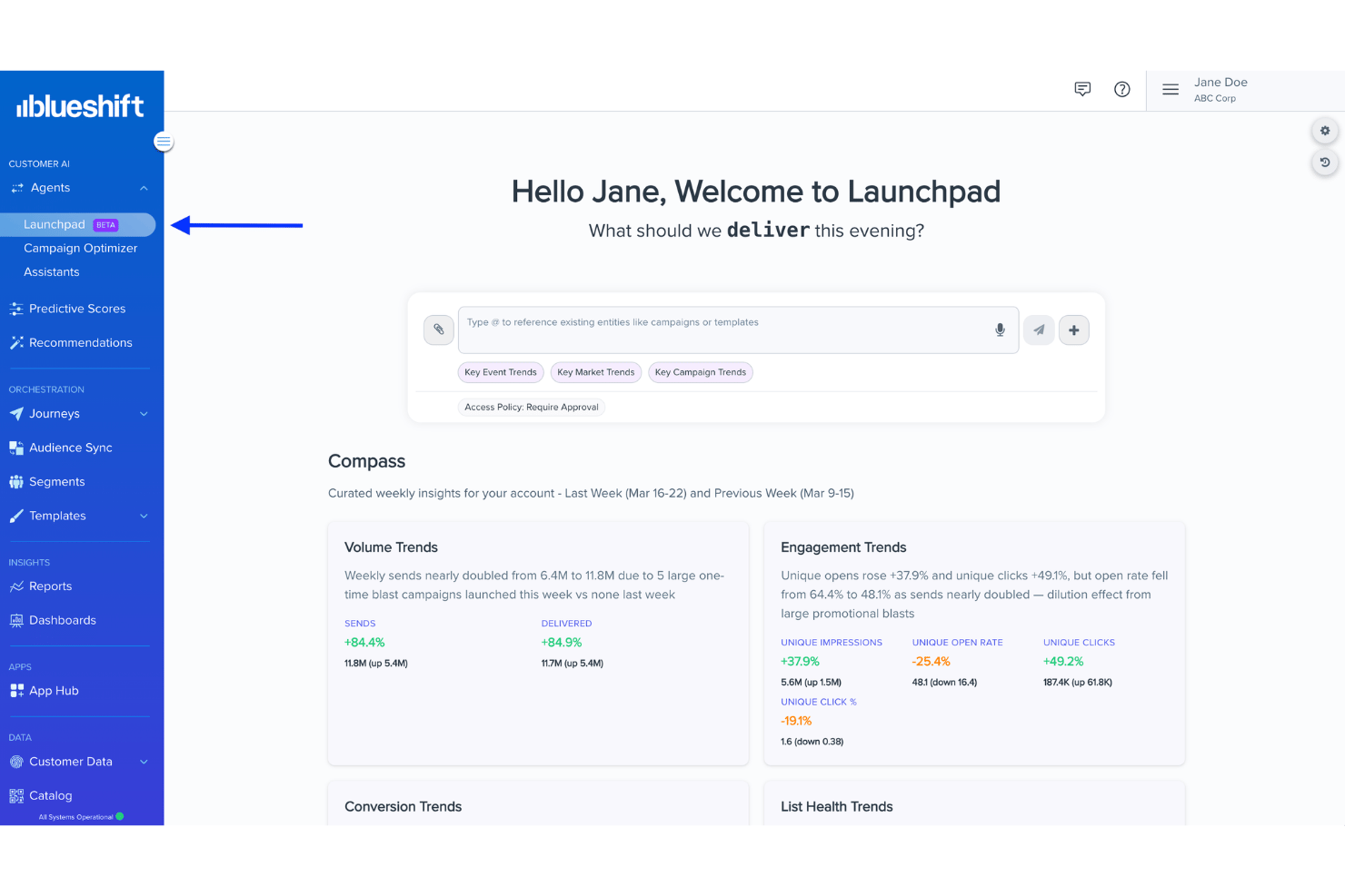 Blueshift screenshot - 10 migliori agenti di marketing IA nel 2026