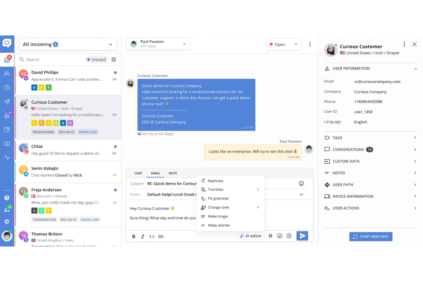 HelpCrunch screenshot - 10 migliori alternative a Intercom nel 2026