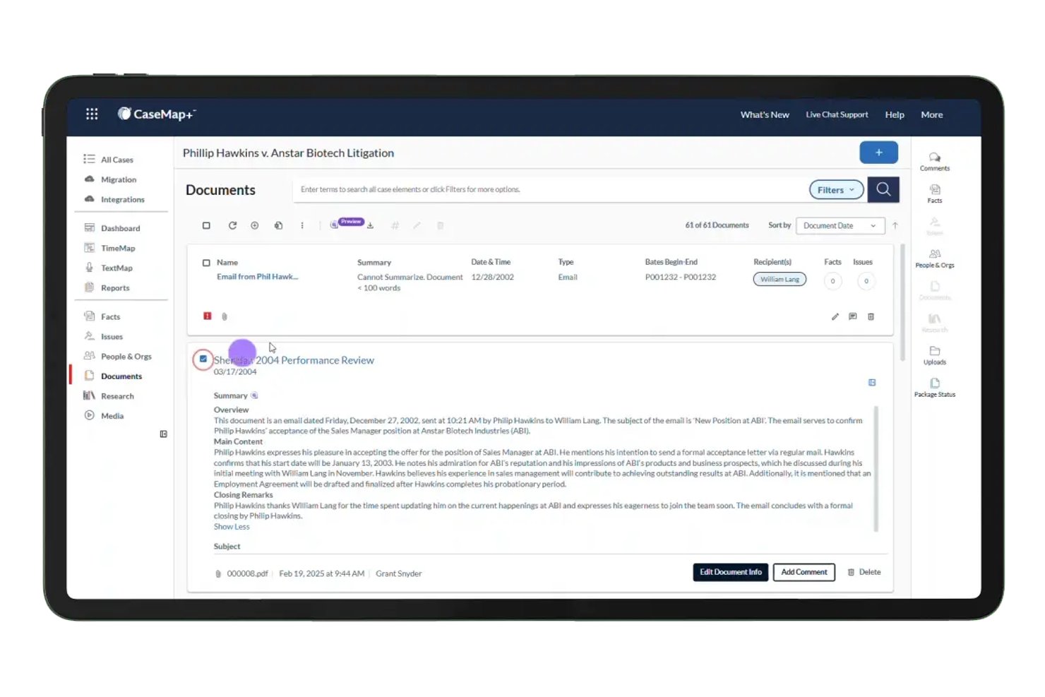 Documentenweergave van CaseMap+ AI met een door AI gegenereerde samenvatting van een e-mail over een zaak en een beoordelingsgesprek.