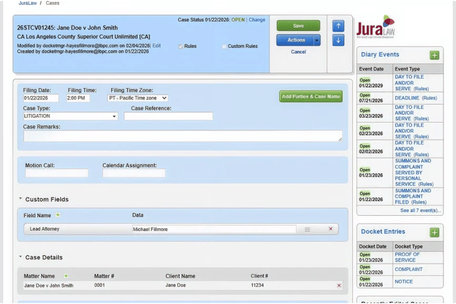 JuraLaw screenshot - Los 10 mejores programas de calendarios legales basados en reglas en 2026