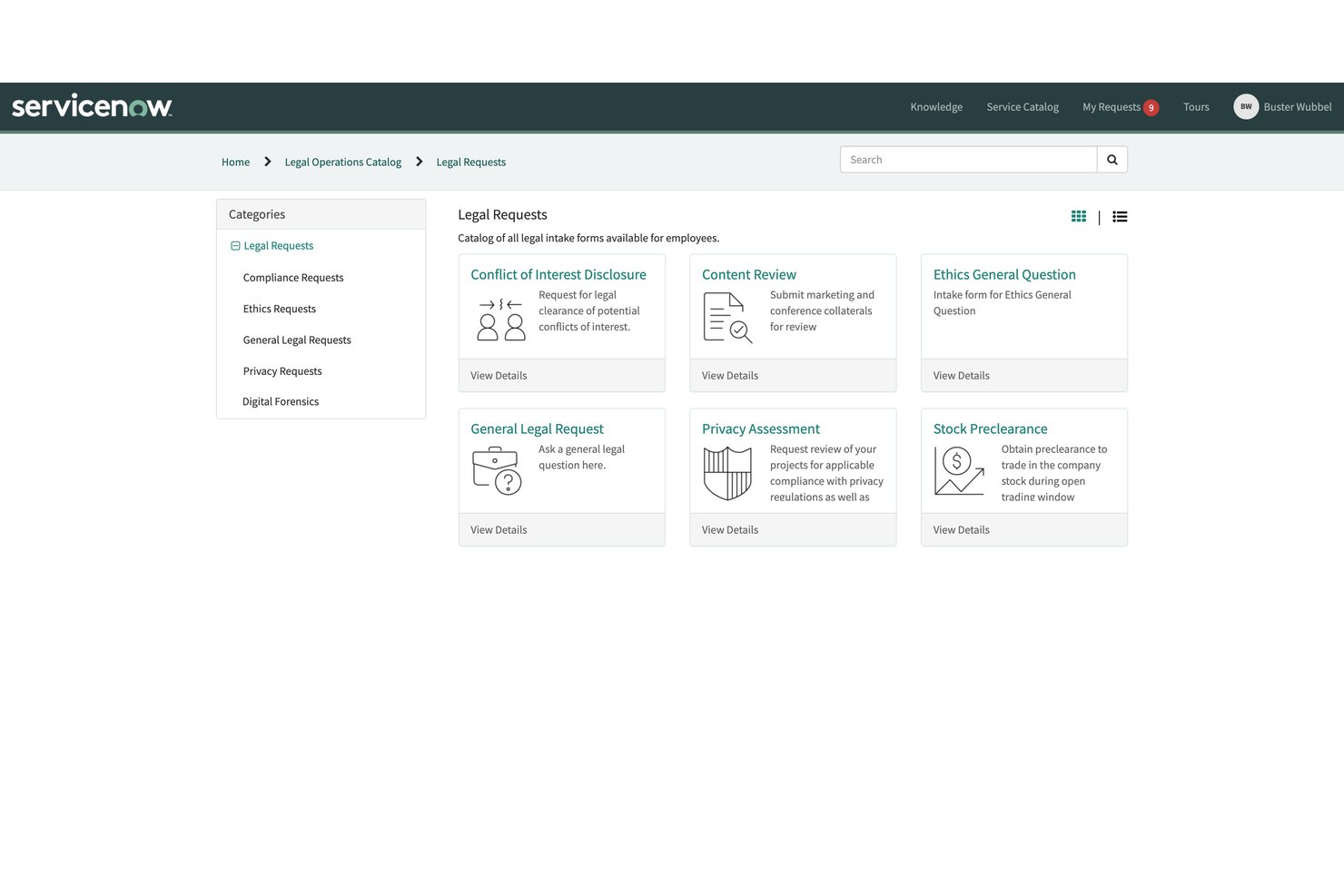 ServiceNow Legal Service Management screenshot - Los 10 mejores programas de seguimiento de solicitudes legales en 2026