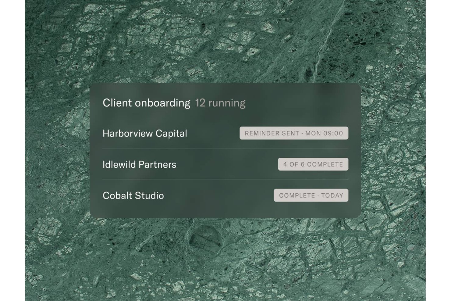Moxo dashboard showing client onboarding statuses for three clients with progress tags.