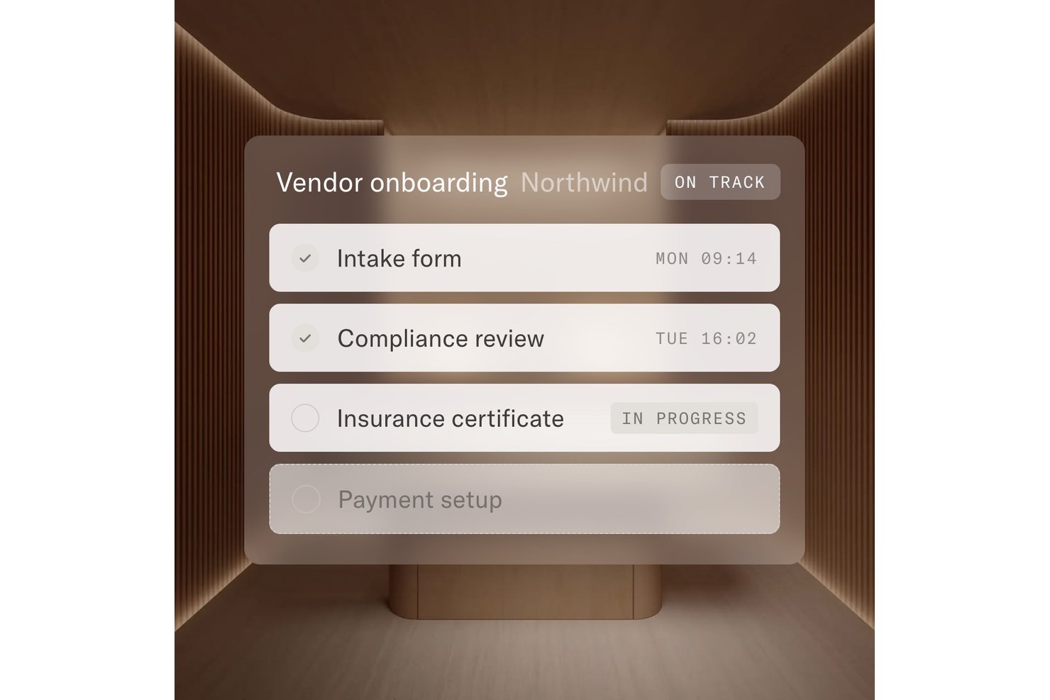 Moxo vendor onboarding checklist with four steps and status badges.