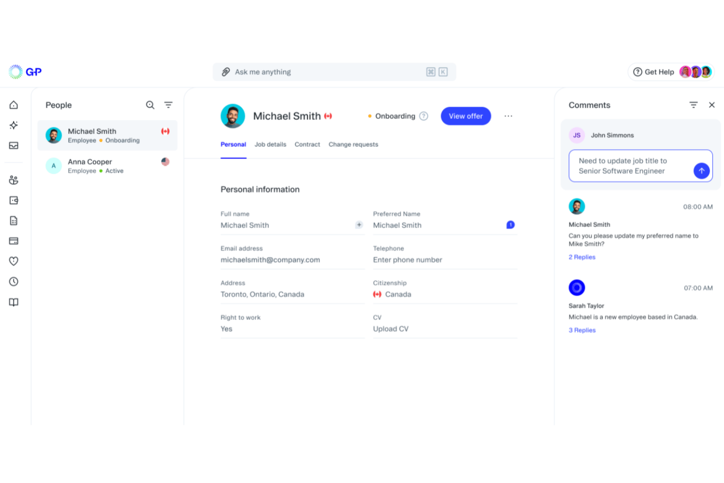 G-P employee profile showing onboarding status, personal and work information, contract options, and team comments for managing a global workforce.