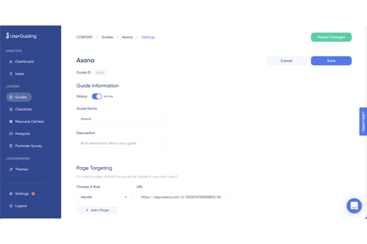 UserGuiding-dashboard met de instellingen voor een Asana-handleiding, inclusief een geconfigureerde URL-regel voor paginadoelgroepbepaling.