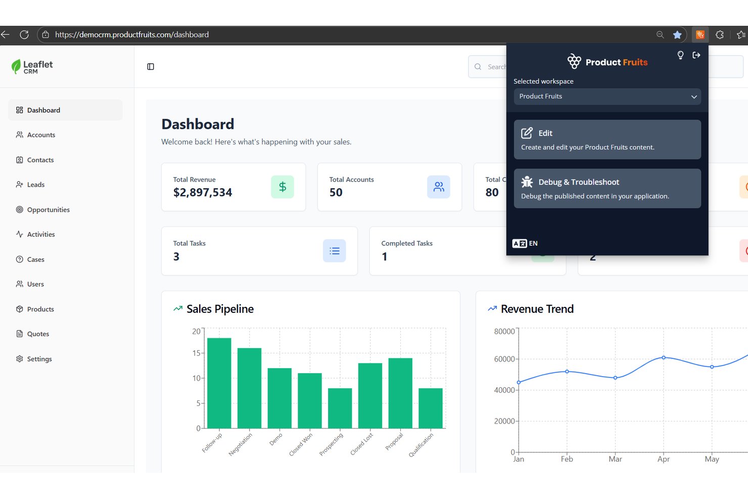 Overlaymenu van Product Fruits met de opties Bewerken en Fouten opsporen en oplossen op een CRM-dashboard.