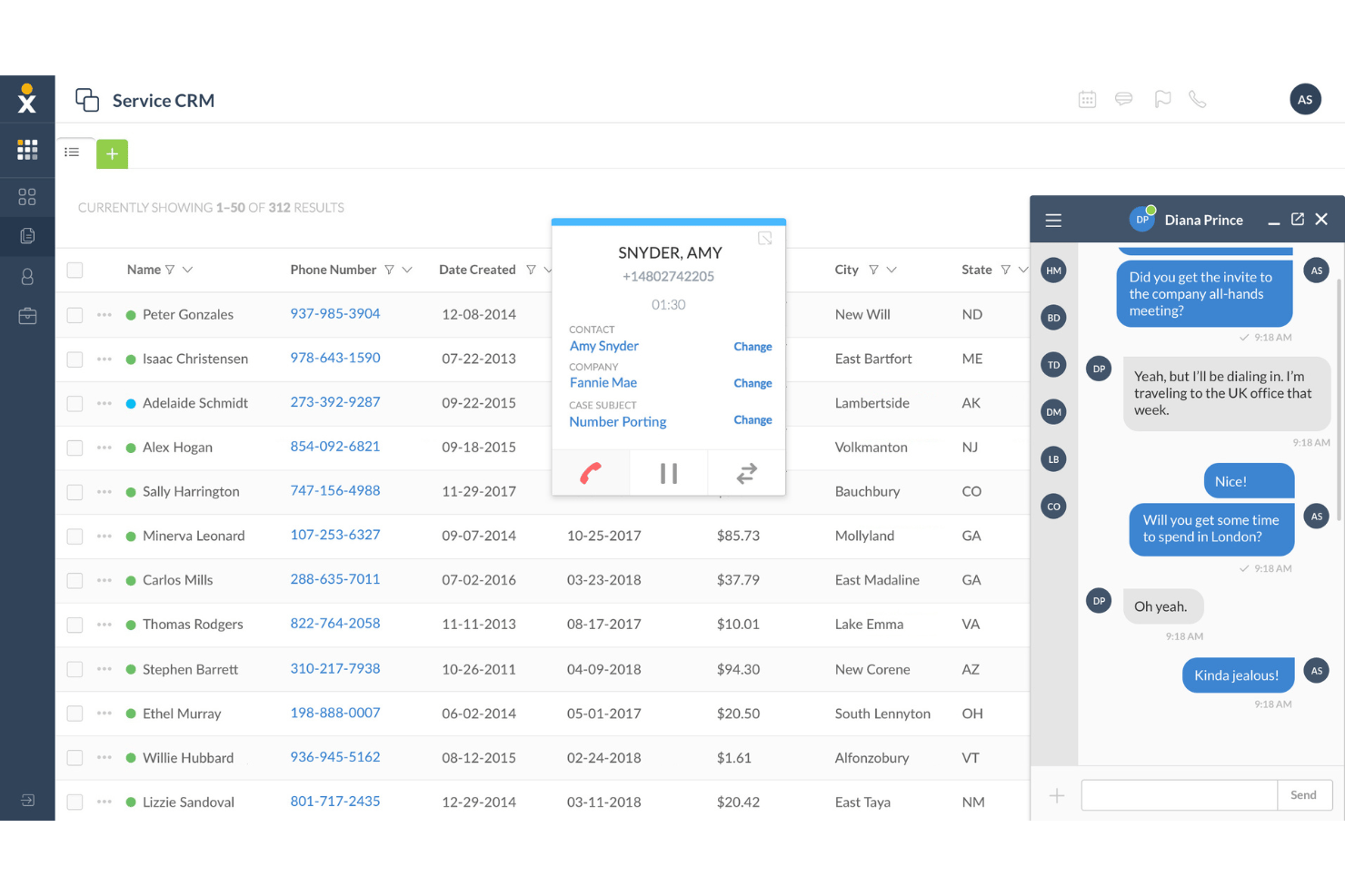 Service CRM interface showing contact list, active call overlay, and live chat window.