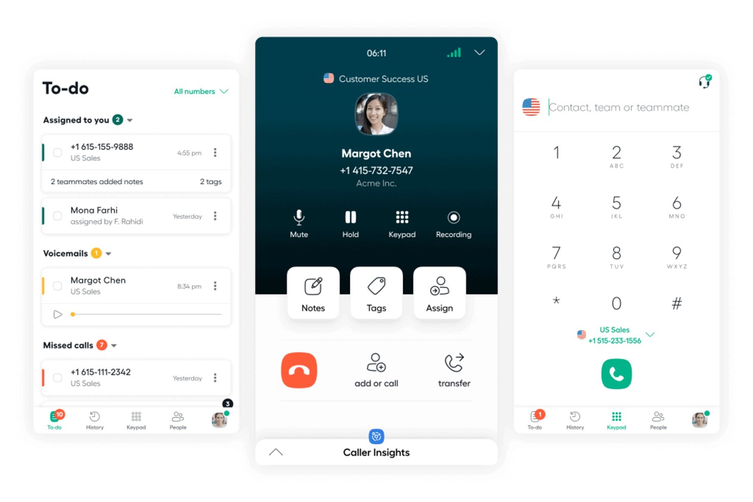 App mobile di Aircall con schermate dell'elenco di attività da svolgere, della chiamata attiva con Margot Chen e del tastierino numerico.