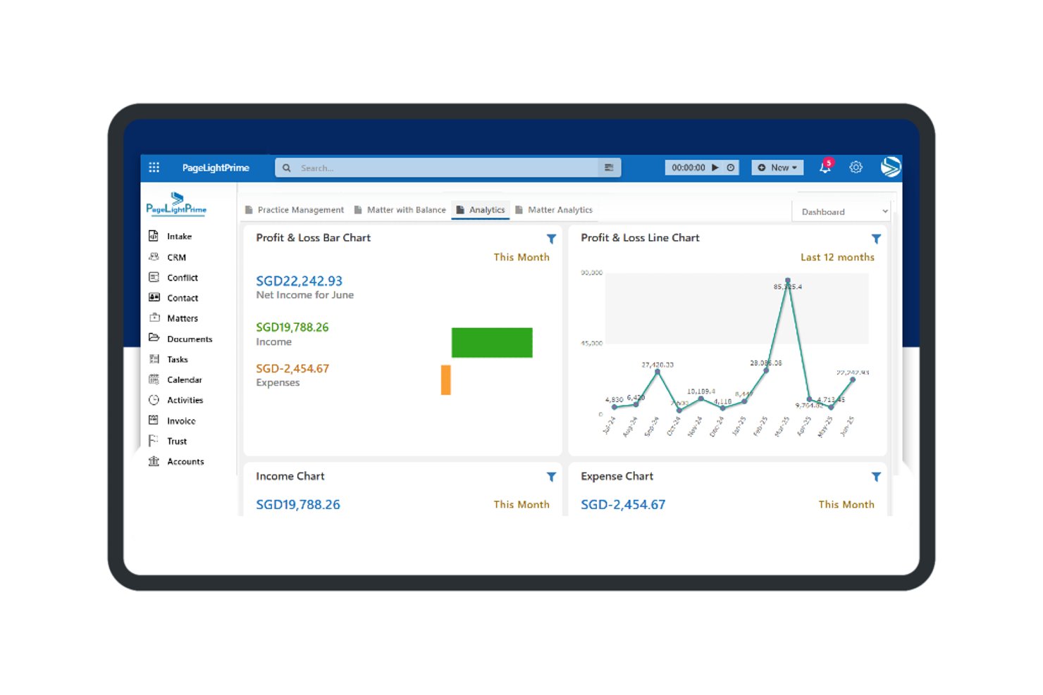 PageLightPrime analytics dashboard showing profit and loss bar chart, line chart, income SGD19,788.26, and expense chart.