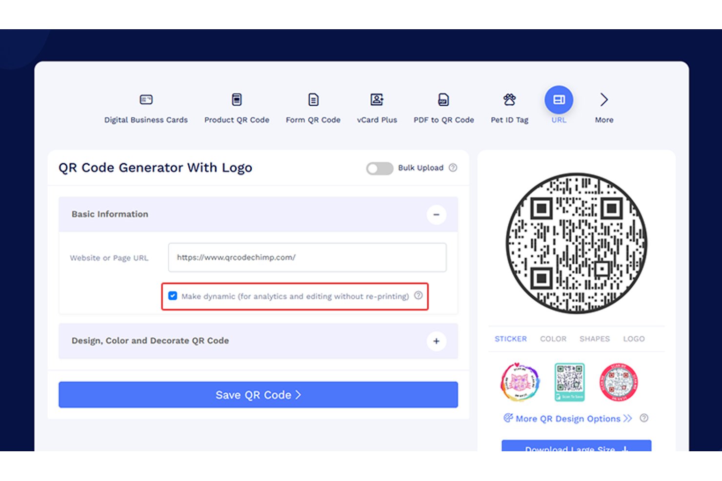 Formulier voor het genereren van QR-codes in QRCodeChimp met URL-invoer, aangevinkte dynamische optie en voorbeeld van de QR-code.
