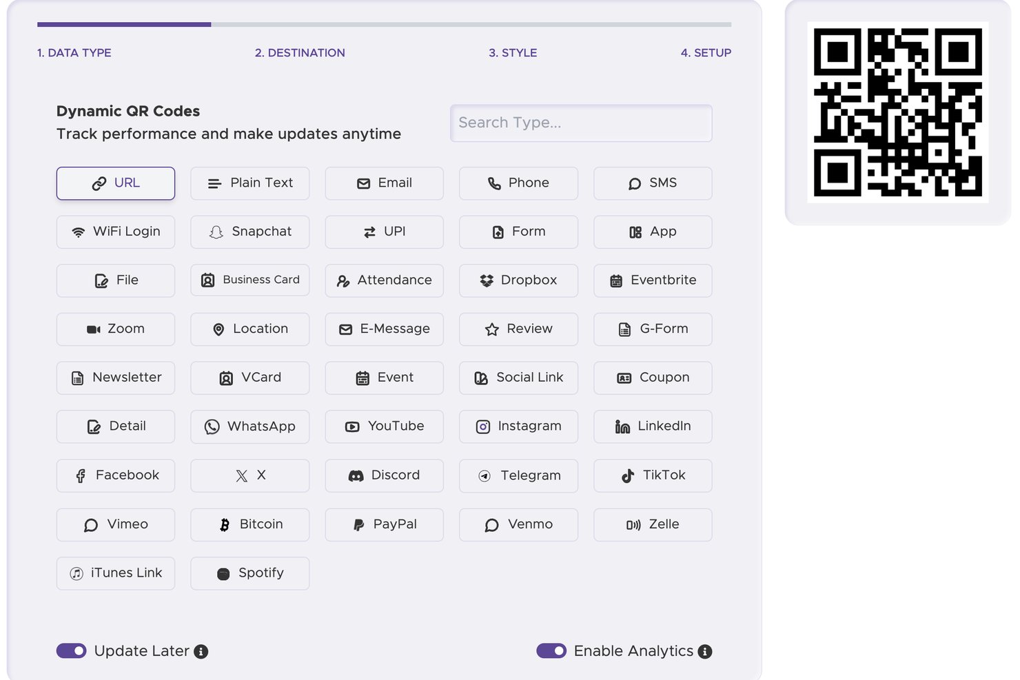 QRStuff QR-codegenerator met het selectiescherm voor gegevenstypen, waarbij URL is geselecteerd en een live voorbeeld van de QR-code wordt weergegeven.