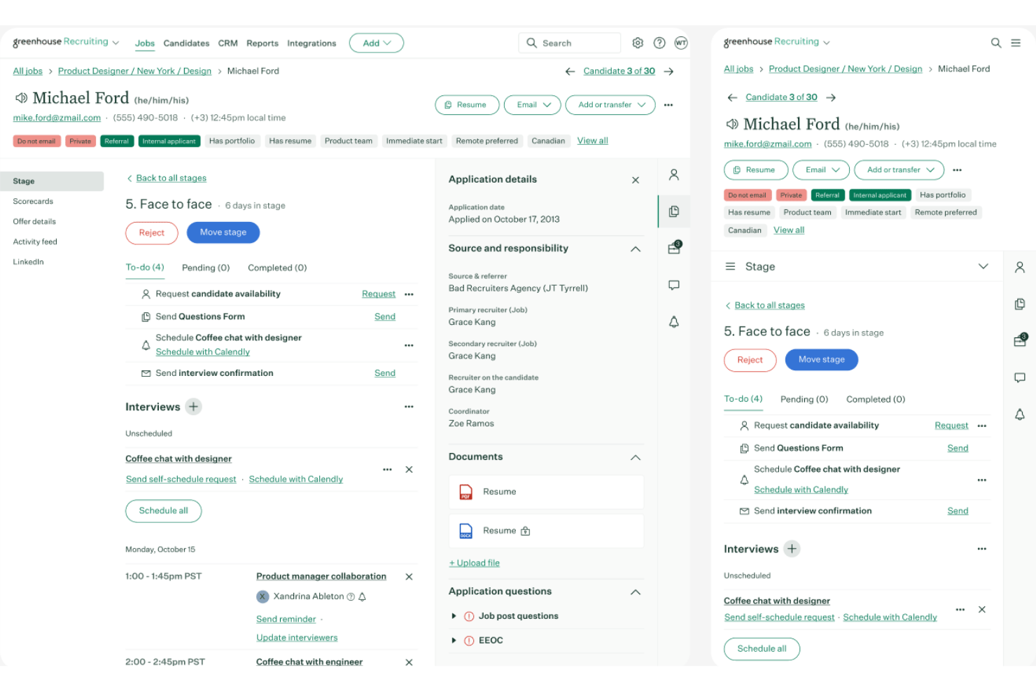 Greenhouse Recruiting candidate profile showing Face to Face interview stage with scheduling tools and application details panel.
