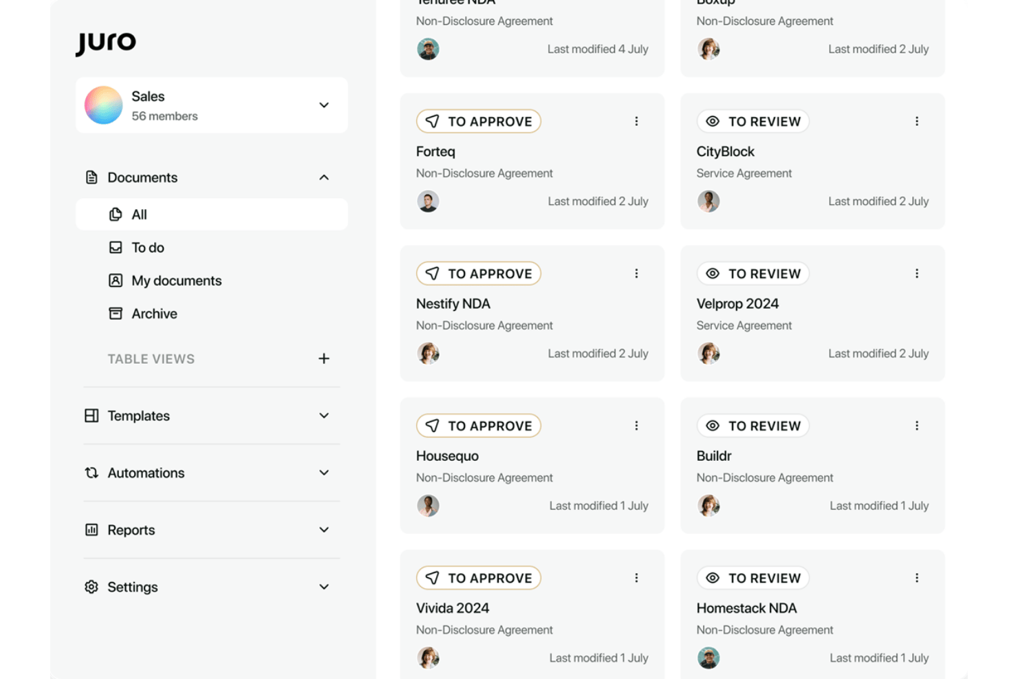 Juro screenshot - Les 10 meilleurs logiciels de gestion des contrats par IA en 2026