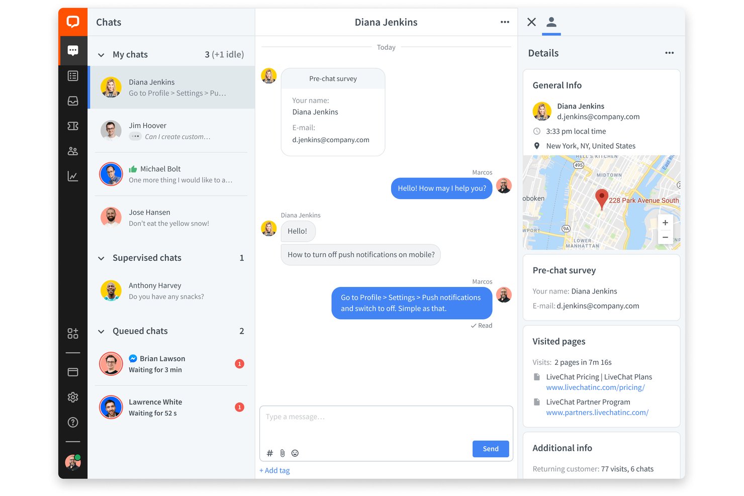 LiveChats chattpanel som visar aktiva samtal, kunduppgifter och kartposition för Diana Jenkins.