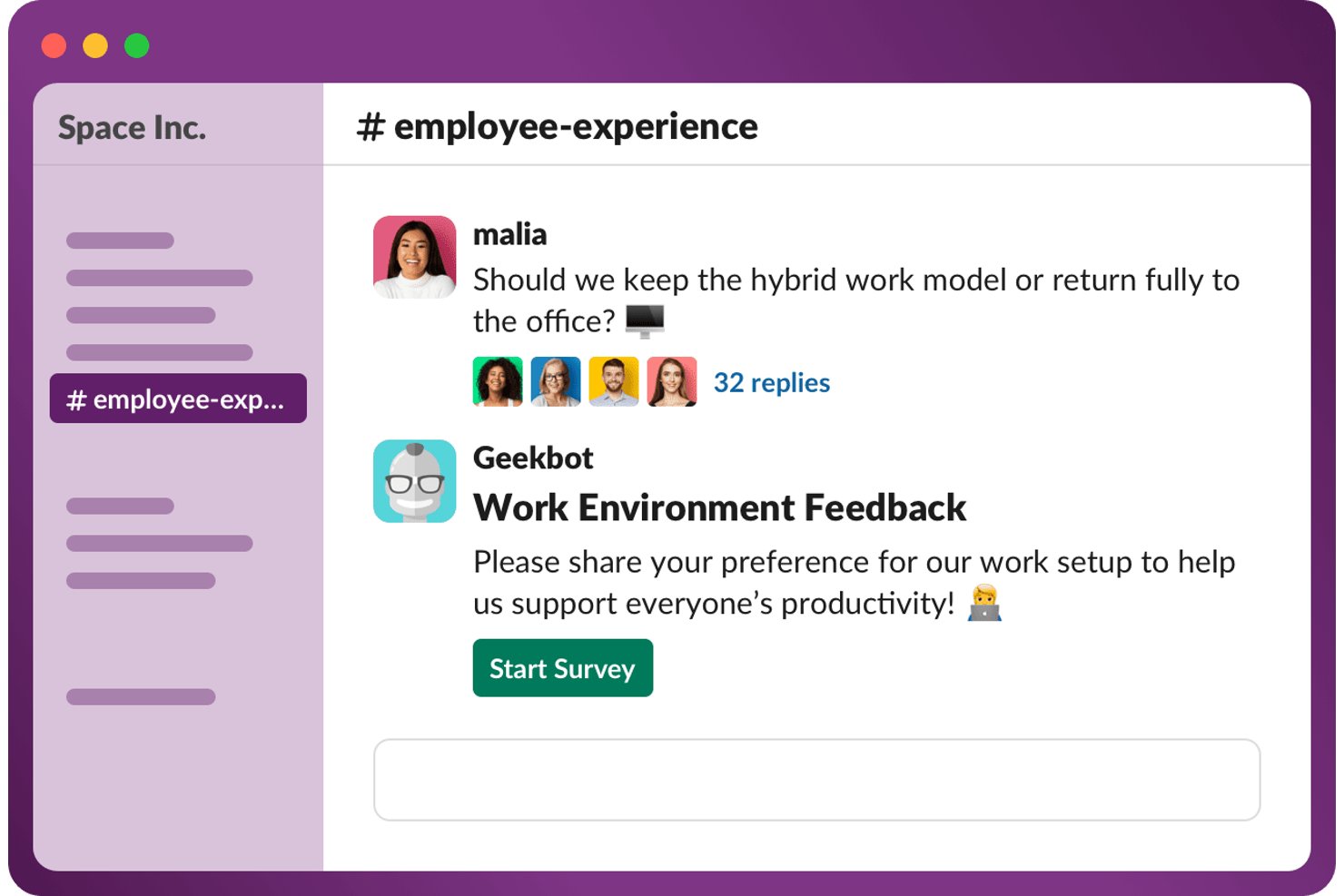 Slack-enkät i Geekbot där medarbetare ombeds lämna feedback om arbetsmiljön i en kanal för medarbetarupplevelse.